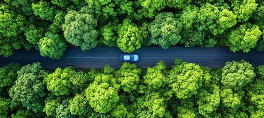 Aerial view of car driving on rural road through lush green rainforest with dense tree canopy