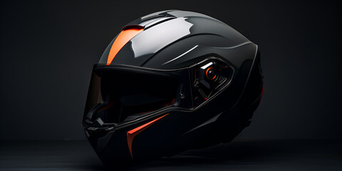 Biker in suit and helmet on the dark background ,Modern motorcycle helmet on dark backdrop,