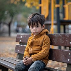 Young Boy Sitting on Top of a Wooden Bench, Outdoor Portrait Photography
