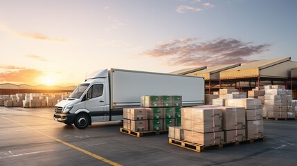 Naklejka premium Cargo van waiting at logistic center with delivery minivan prepped for route silhouette concept