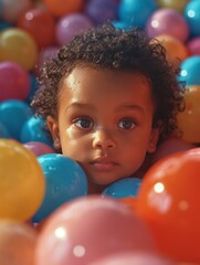 Fototapeta na wymiar A gleeful toddler with a bright balloon in hand, surrounded by a sea of colorful balls in an indoor ball pit at a lively party