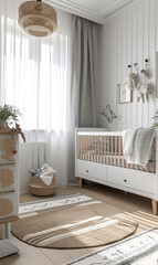 a minimalistic children's room where every piece of furniture, from the cozy bed to the crib, is thoughtfully selected to create a serene and inviting interior