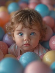 Fototapeta na wymiar A curious toddler with a beaming human face discovers pure joy in a colorful ball pit, surrounded by bouncing balls and the innocence of childhood