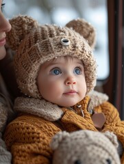 A cherubic newborn snuggled in a cozy knit jacket and bonnet, surrounded by toys and warmth indoors, exuding pure innocence and love