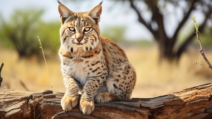 Obraz premium Beautiful bobcat resting on tree in natural habitat, wildlife photography
