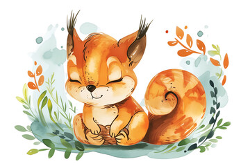 Fototapeta premium Hand drawn cute cartoon squirrel in style of childlike simplу watercolor. Doodle illustration