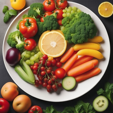 Top view of vegetarian food banner image, white color diet salad plate full of different types of delicious vegetables and fruit slices on dark background