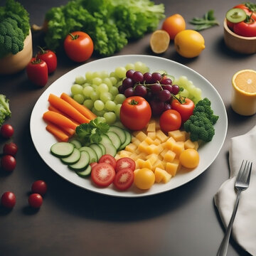 Side view of vegetarian food banner image, white color diet salad plate with different types of delicious vegetables and fruit slices on dark table top