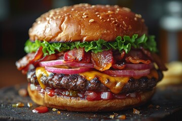 Indulge in the savory and satisfying taste of american fast food with this mouth-watering close up of a juicy cheeseburger on a sesame bun, complete with a succulent patty, melted cheese, and all the