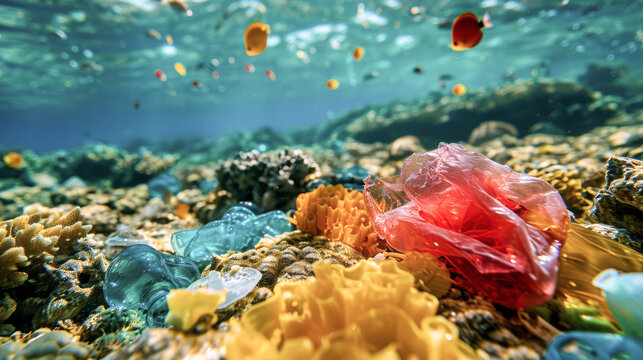 underwater realm of the coral reef, the juxtaposition of colorful fish life against dirty plastic pollution paints a stark picture of the environmental challenges demanding conservation