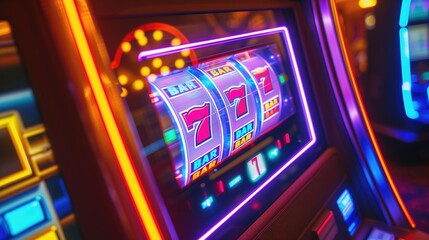 neon casino slots machine, las vegas casino slot reel - obrazy, fototapety, plakaty