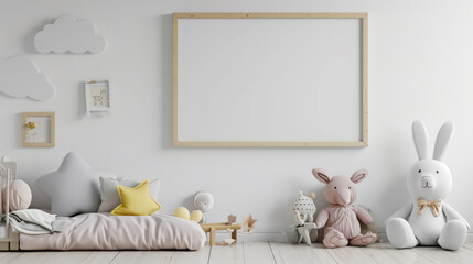 Mock up frame in cozy white children room interior background. Generative Ai - obrazy, fototapety, plakaty