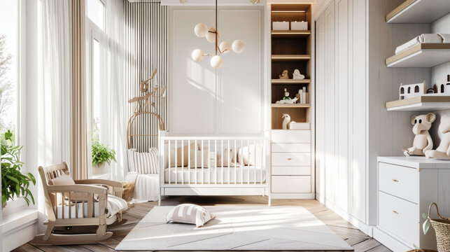 a minimalistic children's room where every piece of furniture, from the cozy bed to the crib, is thoughtfully selected to create a serene and inviting interior