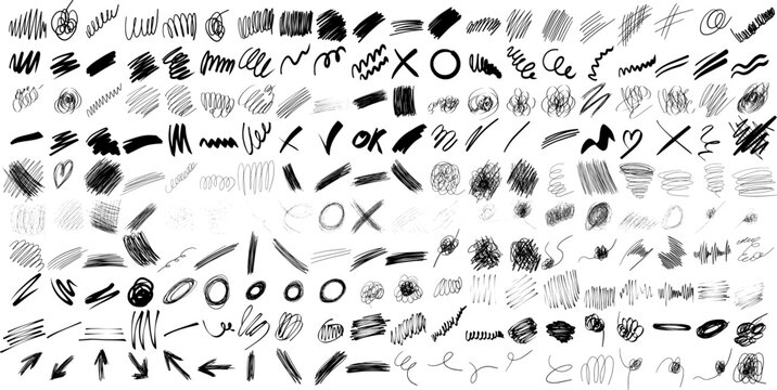 set of hand drawn ink brush strokes. Grunge scrawls, charcoal scribbles, rough brush strokes, underlines and circles. Bold charcoal freehand stripes and ink shapes. Crayon or marker scribbles vector .