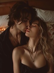 A passionate embrace captured in a photo shoot, as a woman with long hair and a beautiful face shares a kiss with her lover on a bed against a wall adorned with art, showcasing the power and beauty o