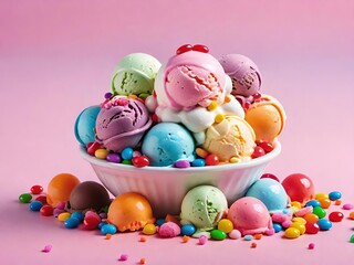 Fototapeta na wymiar Bowl of colorful ice cream scoops, adorned with various candies. Generative AI.