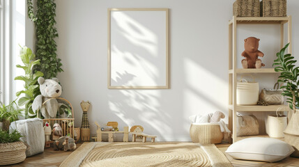 Mock up poster in children room background, pastel color room with natural wicker and wooden toys. Generative Ai