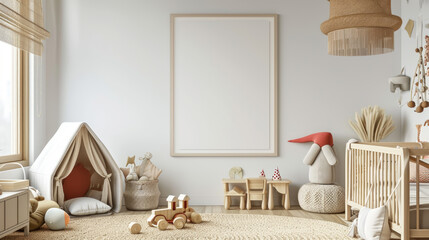 Mock up poster in children room background, pastel color room with natural wicker and wooden toys. Generative Ai