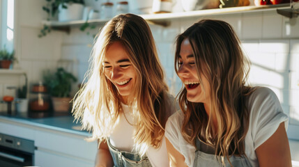 Obraz premium Happy women share laughter and love as they enjoy cooking lunch together, chopping vegetables and tossing a fresh salad, embodying the essence of friendship
