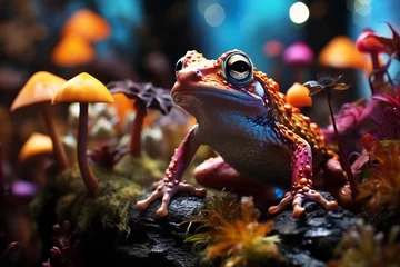 Fototapeten Colorful frog and  mushrooms in a fantasy forest © Inlovehem