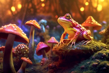 Poster Colorful frog and  mushrooms in a fantasy forest © Inlovehem