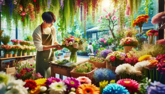 Florist Arranging Colorful Bouquets in Flower Shop