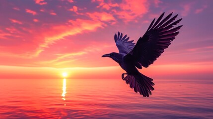Obraz premium Silhouetted Raven Flying Against a Sunset Sky