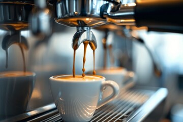 Close-up photo of pouring espresso from a coffee machine - obrazy, fototapety, plakaty