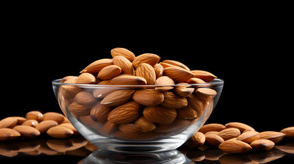 Almonds in a glass bowl with some almonds scattering all over the floor, on black background, Advertising photography