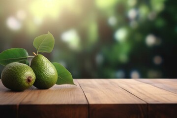 Empty wooden table with avocado tree and blurred background. Advertising product concept. Generative AI