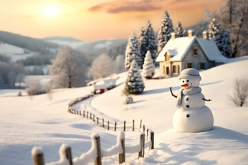 Snowman on snowy day with house view   landscape - obrazy, fototapety, plakaty
