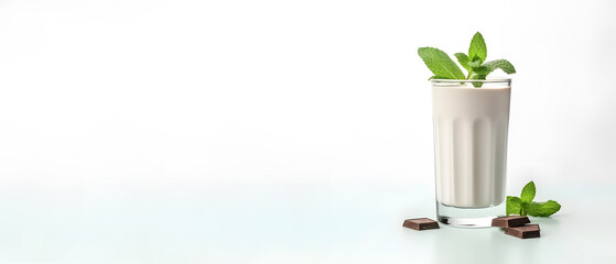 A glass of chocolate mint with mint leaves on top and chocolate scattering on the floor on green mint floor and white background ultrawide with blank space