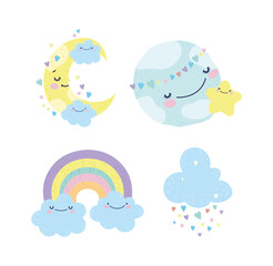 Cute little moons, clouds and a rainbow set vector