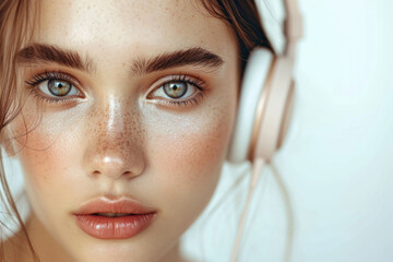 Close-up: Woman's face in earphones radiates natural beauty, healthy, clean skin. Flawless complexion adorned with minimal, natural makeup emphasizes innate features. - obrazy, fototapety, plakaty