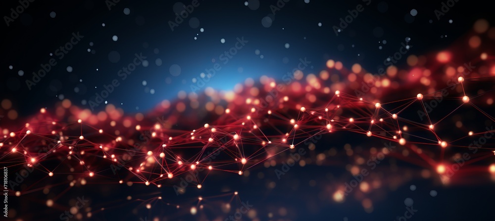 Poster red cyberspace background with wave of dots and weave lines for big data, metaverse, security