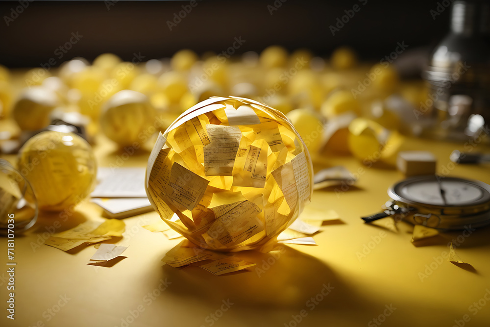 Poster yellow scrap paper ball with illustration painting for virtual lightbulb. it is creative thinking id
