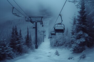 A chilly fog envelops the towering mountains as skiers eagerly board the cable car, their frozen breaths mingling with the crisp winter air as they are transported up the snowy slopes, surrounded by 