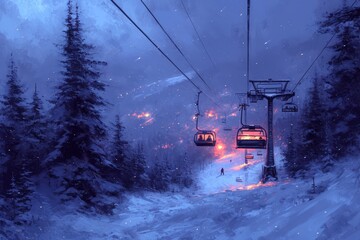 Amidst the freezing winter night, skiers ascend the snowy mountain on a cable car, passing by illuminated trees, in search of their next adrenaline-fueled ski run