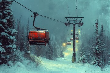 Amidst a winter wonderland, a lone gondola stands still in the snow, its cable car stretching towards the frozen treetops, waiting to transport eager skiers to the top of the mountain as freezing pre