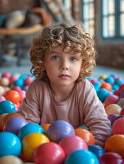Fototapeta na wymiar A curious toddler's face lights up with joy as they play in a colorful ball pit, surrounded by bouncing balls and dressed in playful clothing