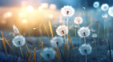 Dandelion flowers bloom and fly with a beautiful view - obrazy, fototapety, plakaty