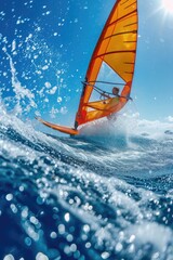 Windsurfer in dynamic action, against clear blue sky