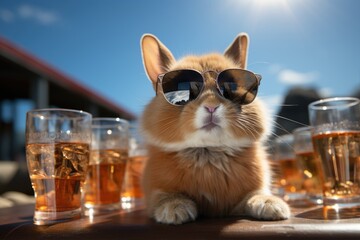Rabbit on summer beach vacation in sunglasses and with lemonade