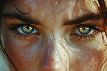 Close-up portrait of a beautiful woman showcasing her mesmerizing green eyes, reflecting profound...