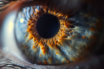 Extreme close up of a human colorful eyes shows detail of the iris