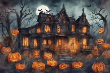 Fototapeta na wymiar Halloween festive haunted house with bats