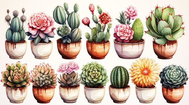 Set watercolor cactus collection