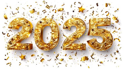 Golden metallic 2025 symbol for new year celebration isolated on white background