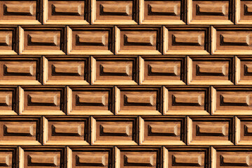 Wooden bricks. Wood brick texture. Decorative wooden door background. Design pattern. Square frame architecture background. Geometric carpentry wall. Old, antique rustic door. Wooden pattern texture.