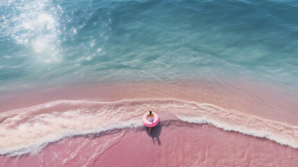 summer scene. beach umbrella and chair against beautiful blue ocean. Travel and vacation. Aerial view of the lying young woman with pink swim ring on the sandy beach near sea with waves